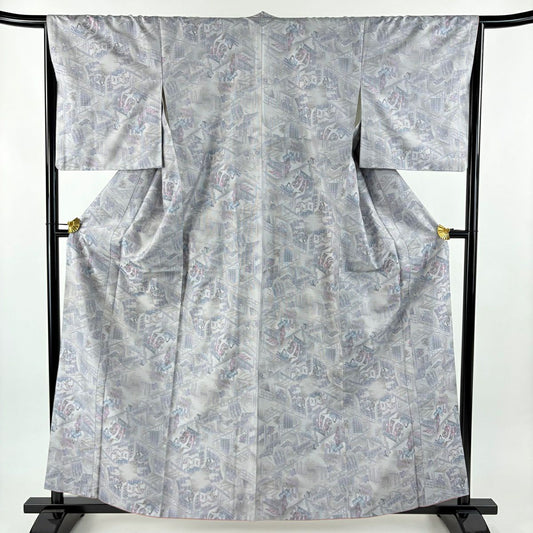 【美品】 大島紬織 身長159.5cm 袖長66cm M 雙層 證書附帶 御所文化 人物 灰紫 純蠶絲 名品級