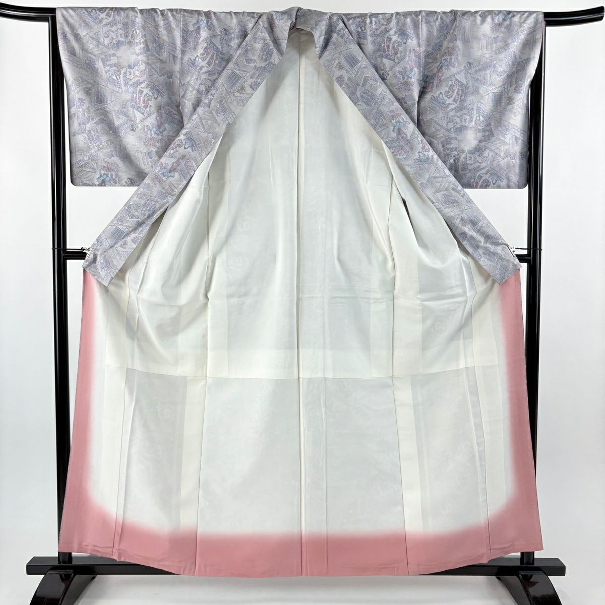 【美品】 大島紬織 身長159.5cm 袖長66cm M 雙層 證書附帶 御所文化 人物 灰紫 純蠶絲 名品級