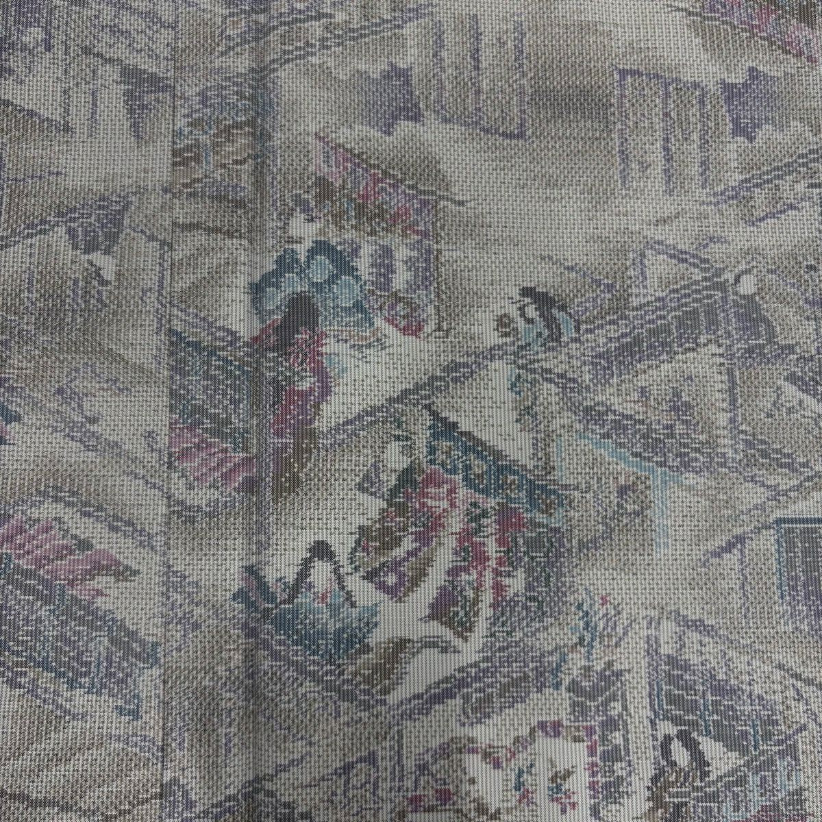 【美品】 大島紬織 身長159.5cm 袖長66cm M 雙層 證書附帶 御所文化 人物 灰紫 純蠶絲 名品級