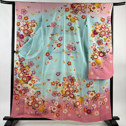 【美品】振袖禮服 身長162cm 袖長63.5cm S 雙層 菊花花 霞 金絲 漸層 水藍色 純蠶絲 名品級