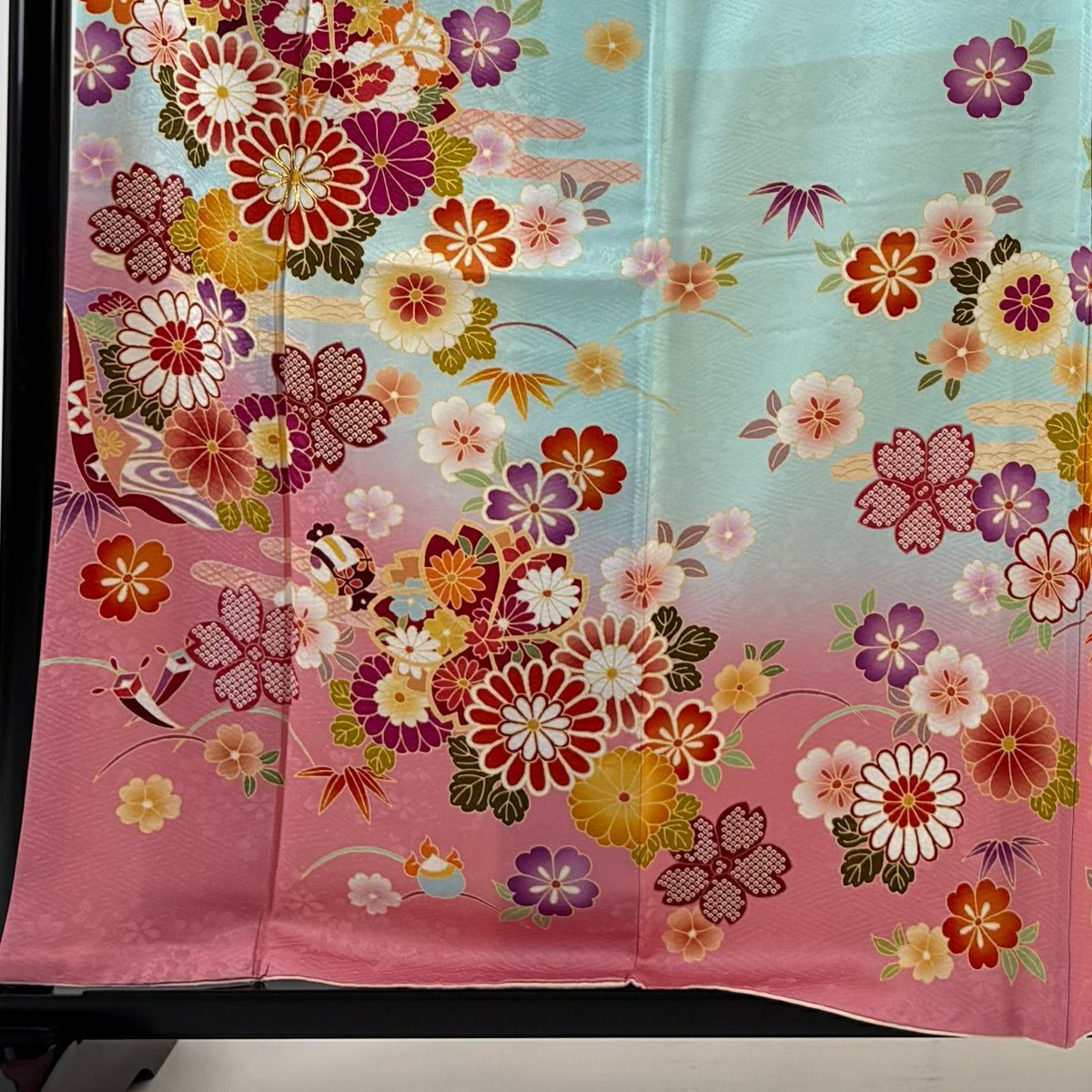 【美品】振袖禮服 身長162cm 袖長63.5cm S 雙層 菊花花 霞 金絲 漸層 水藍色 純蠶絲 名品級