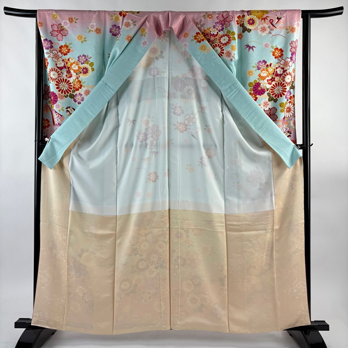 【美品】振袖禮服 身長162cm 袖長63.5cm S 雙層 菊花花 霞 金絲 漸層 水藍色 純蠶絲 名品級