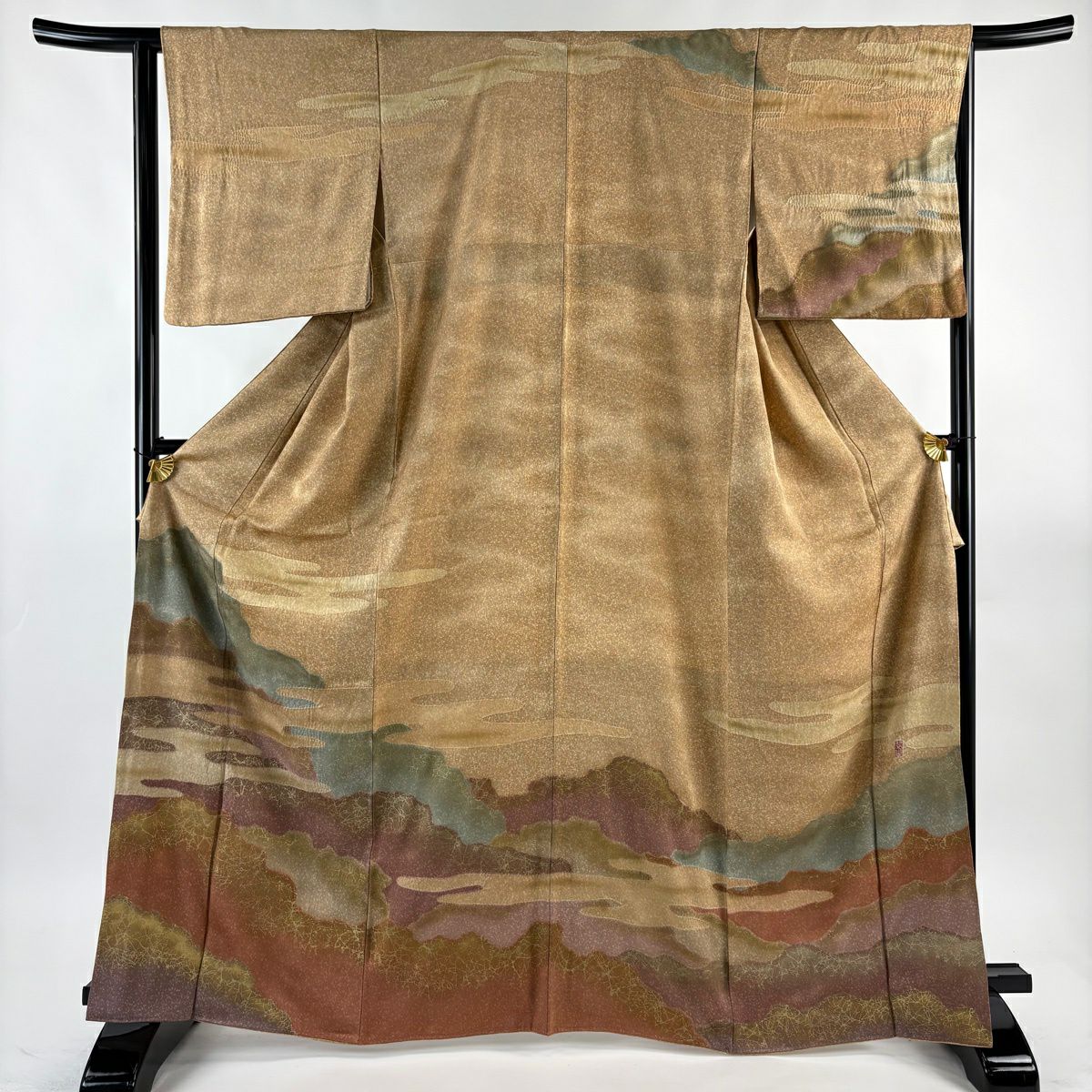 訪問服 身長166.5cm 袖長64cm M 雙層 翠山工房 落款あり 霞 幾何學圖案 金彩裝飾 絞染 茶 純蠶絲 名品級