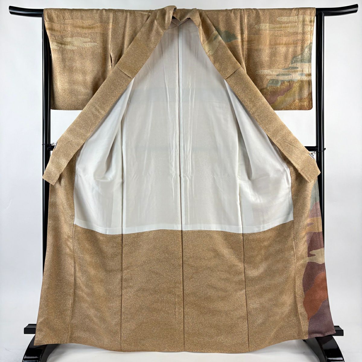 訪問服 身長166.5cm 袖長64cm M 雙層 翠山工房 落款あり 霞 幾何學圖案 金彩裝飾 絞染 茶 純蠶絲 名品級