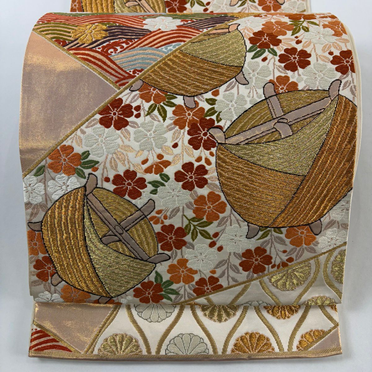 袋帶 逸品級 河合美術織物 落款あり 關西仕立 雜線 櫻花 刺繡 金線 金茶 六通 純蠶絲