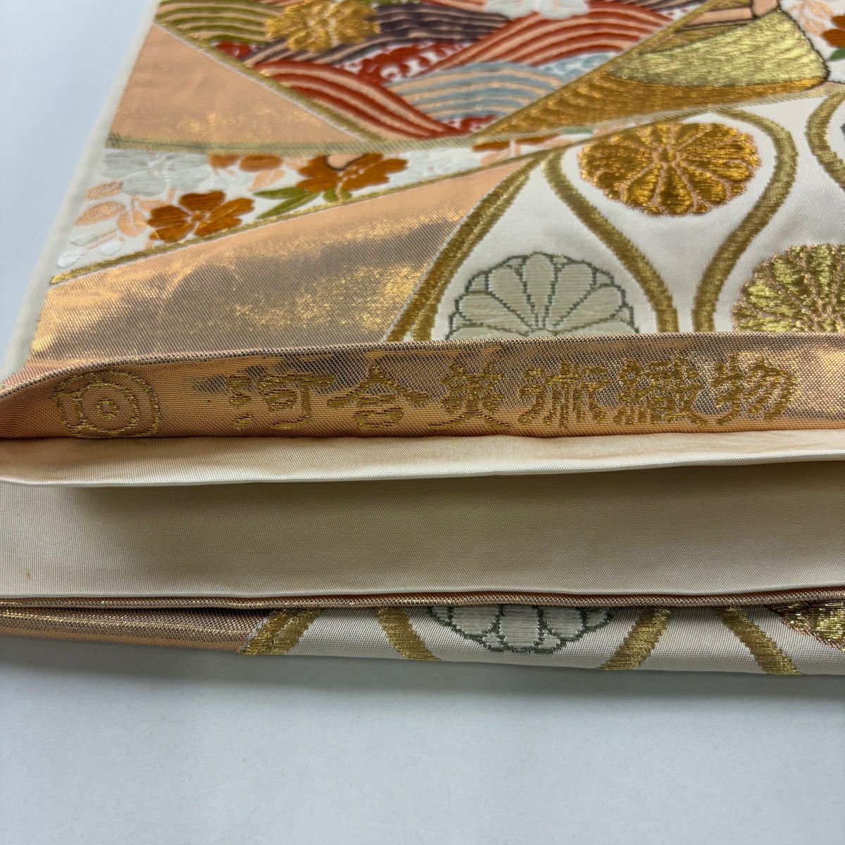 袋帶 逸品級 河合美術織物 落款あり 關西仕立 雜線 櫻花 刺繡 金線 金茶 六通 純蠶絲