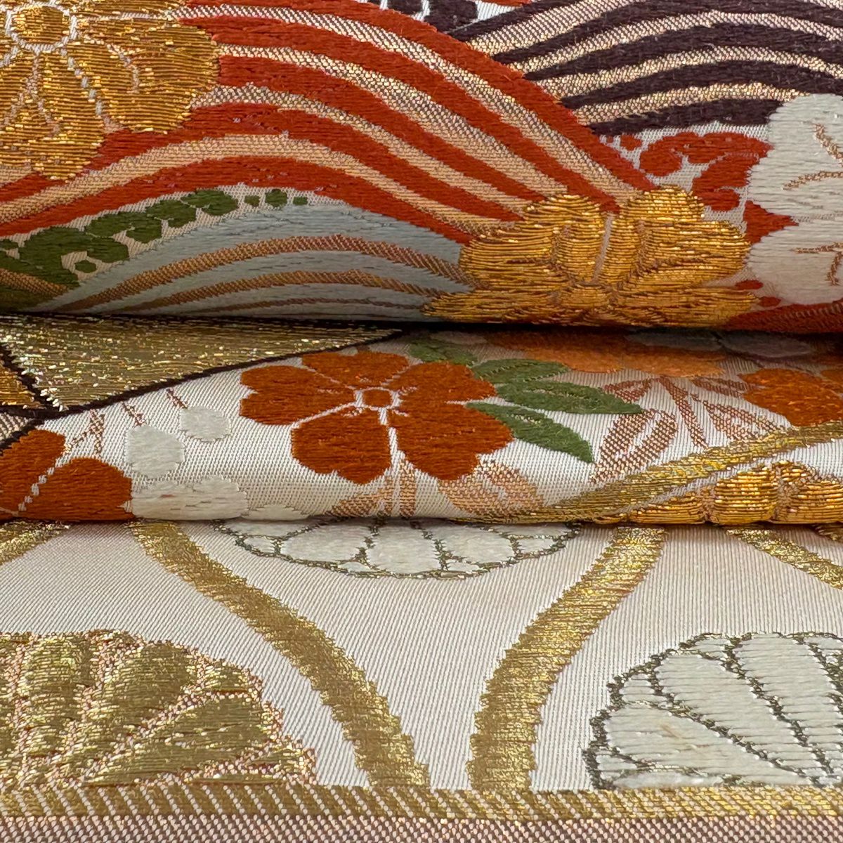 袋帶 逸品級 河合美術織物 落款あり 關西仕立 雜線 櫻花 刺繡 金線 金茶 六通 純蠶絲