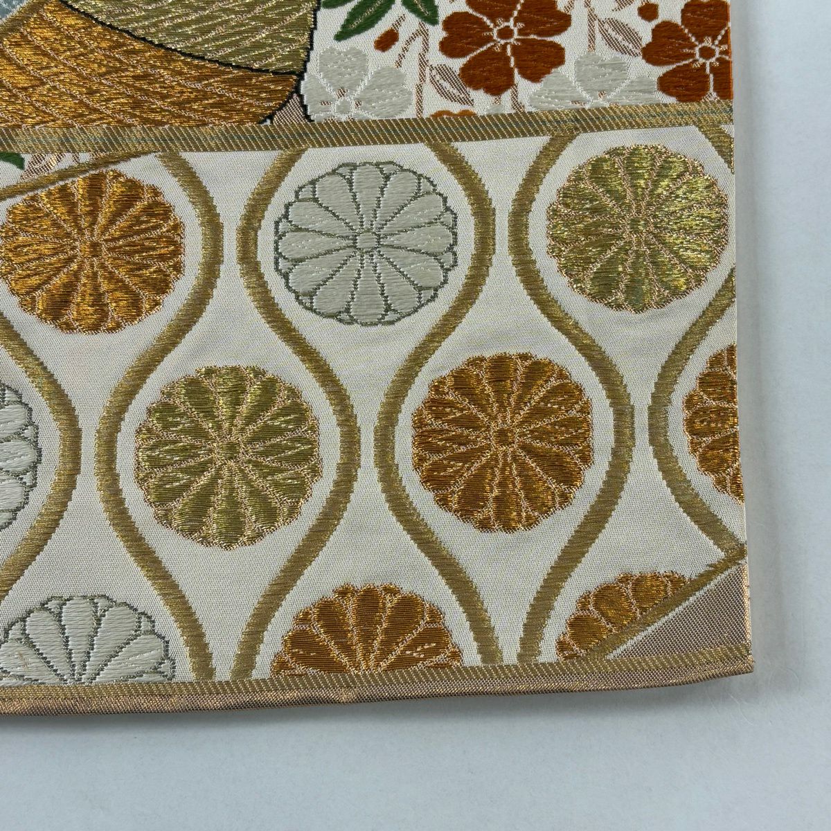 袋帶 逸品級 河合美術織物 落款あり 關西仕立 雜線 櫻花 刺繡 金線 金茶 六通 純蠶絲