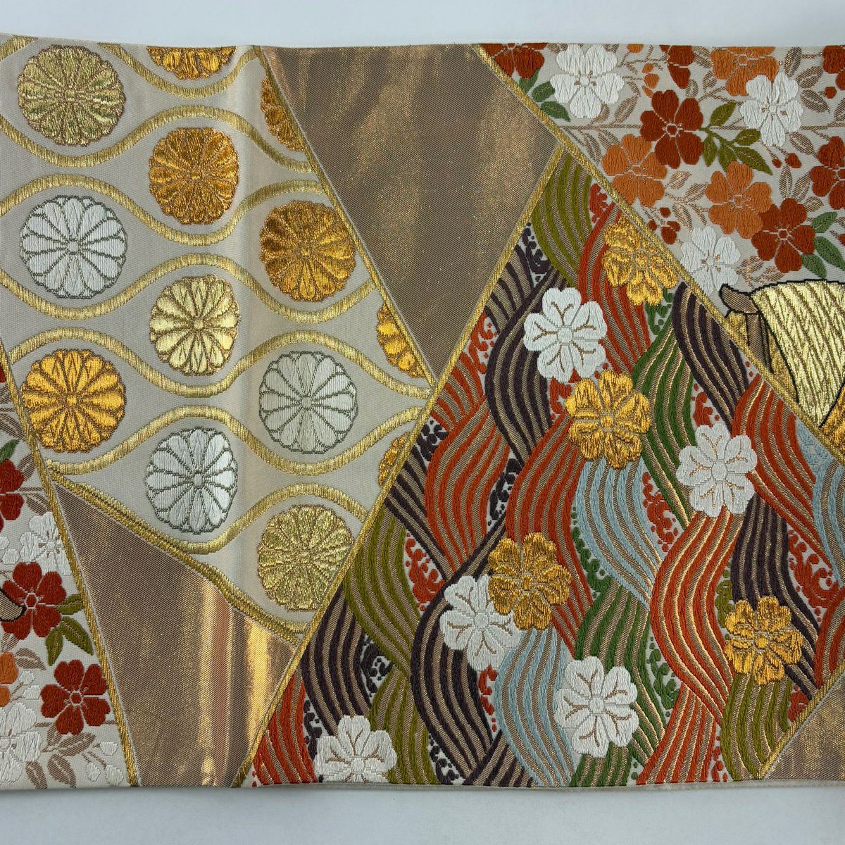 袋帶 逸品級 河合美術織物 落款あり 關西仕立 雜線 櫻花 刺繡 金線 金茶 六通 純蠶絲