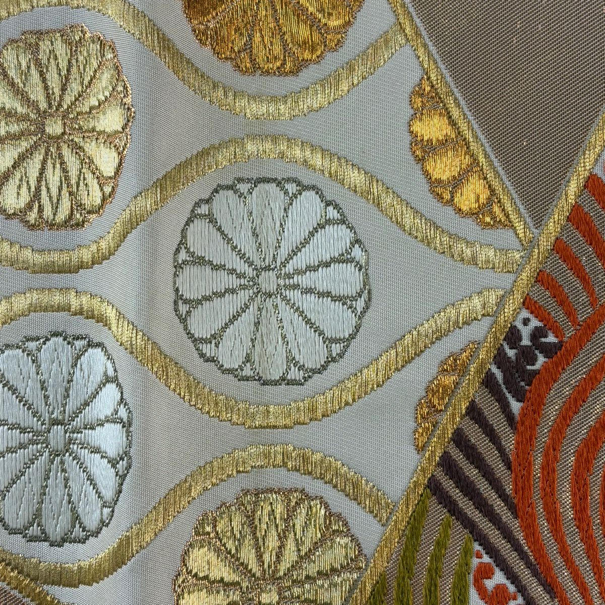 袋帶 逸品級 河合美術織物 落款あり 關西仕立 雜線 櫻花 刺繡 金線 金茶 六通 純蠶絲