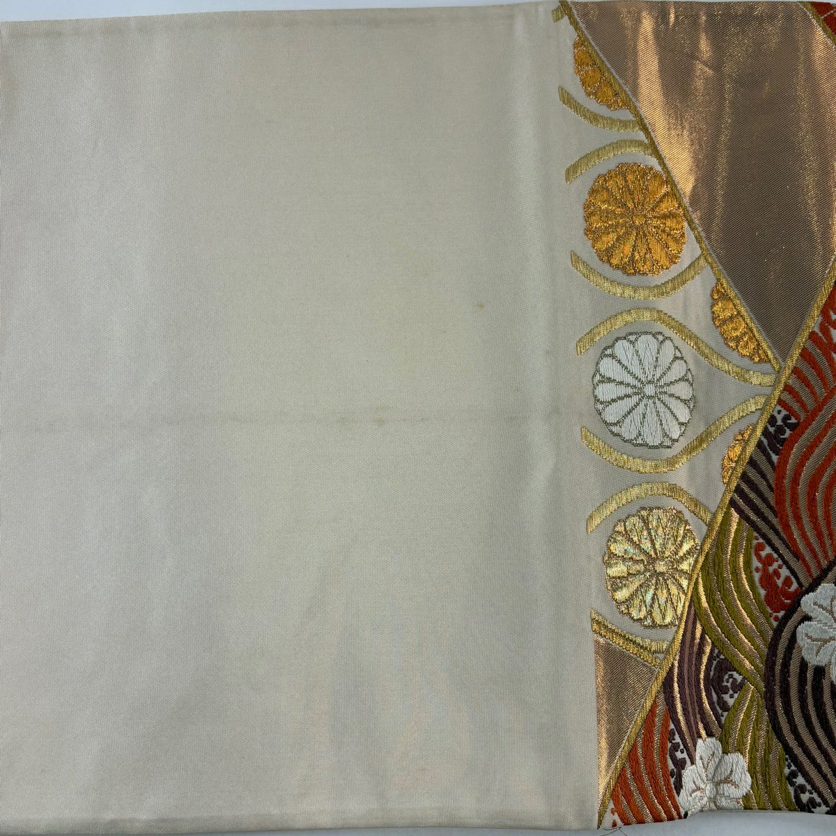 袋帶 逸品級 河合美術織物 落款あり 關西仕立 雜線 櫻花 刺繡 金線 金茶 六通 純蠶絲
