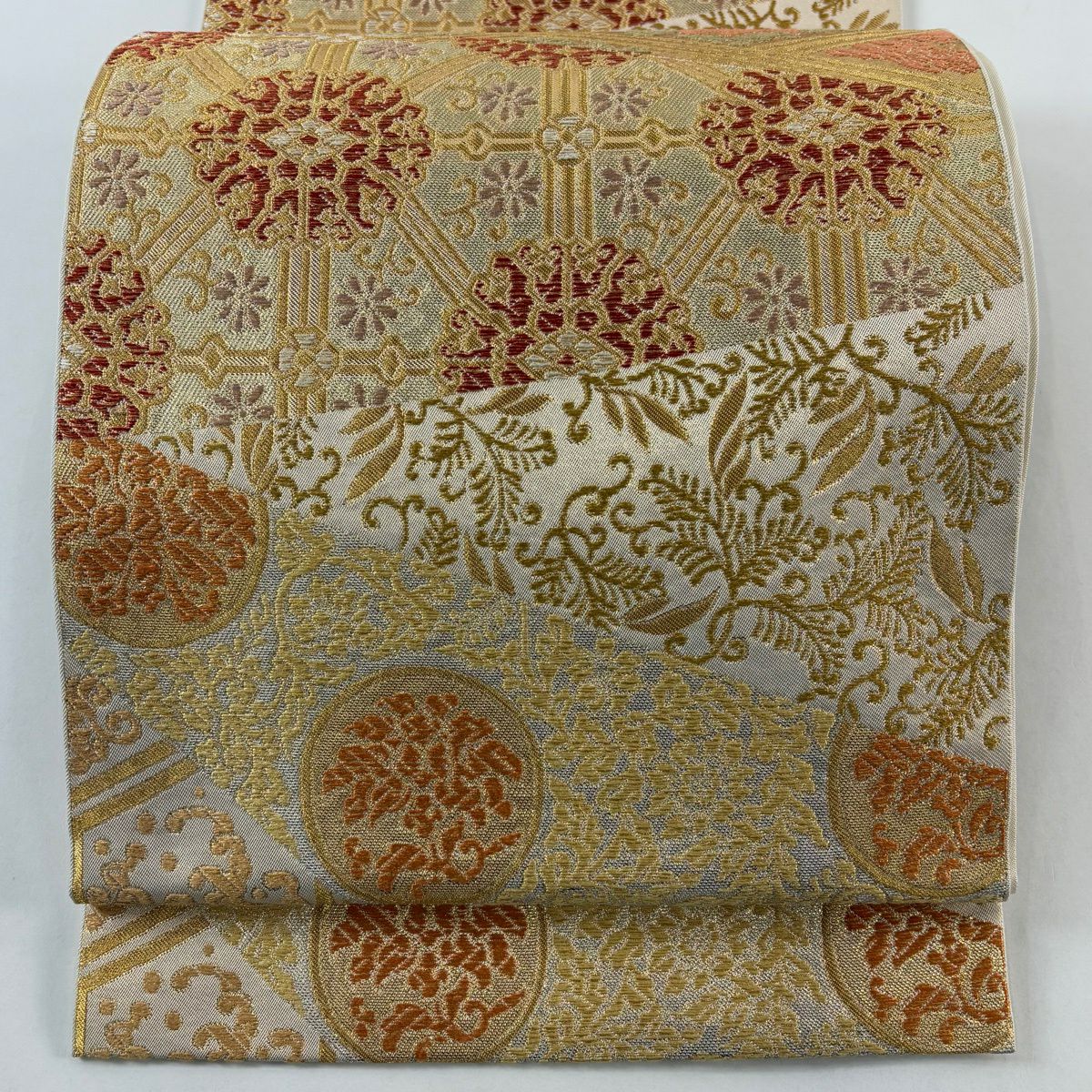 袋帶 逸品級 川島織物 落款 草花紋 華紋 金絲 金金箔 金色 六通 純蠶絲