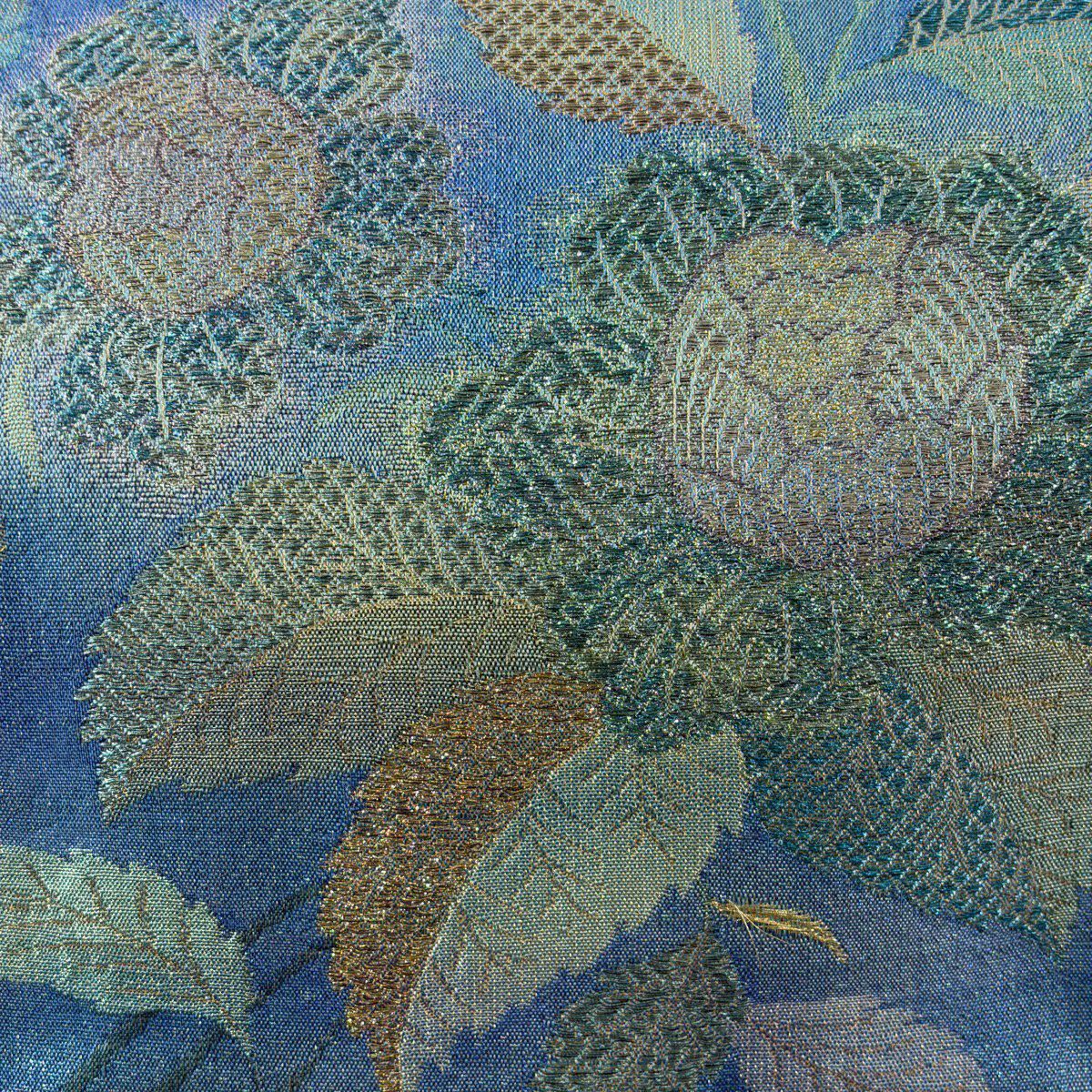 袋帶 逸品級 草花紋 金糸 金金箔 水色 六通 純蠶絲