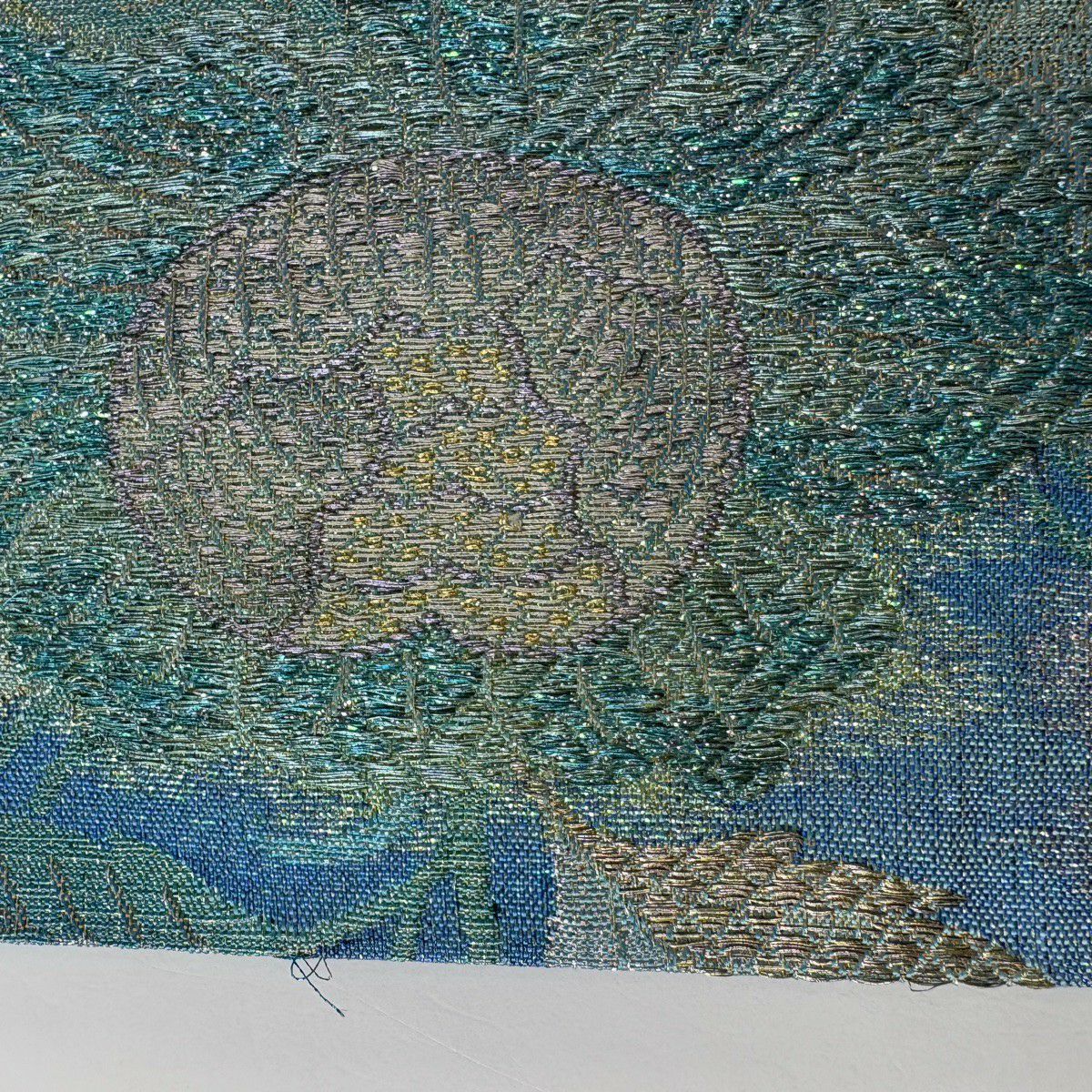 袋帶 逸品級 草花紋 金糸 金金箔 水色 六通 純蠶絲