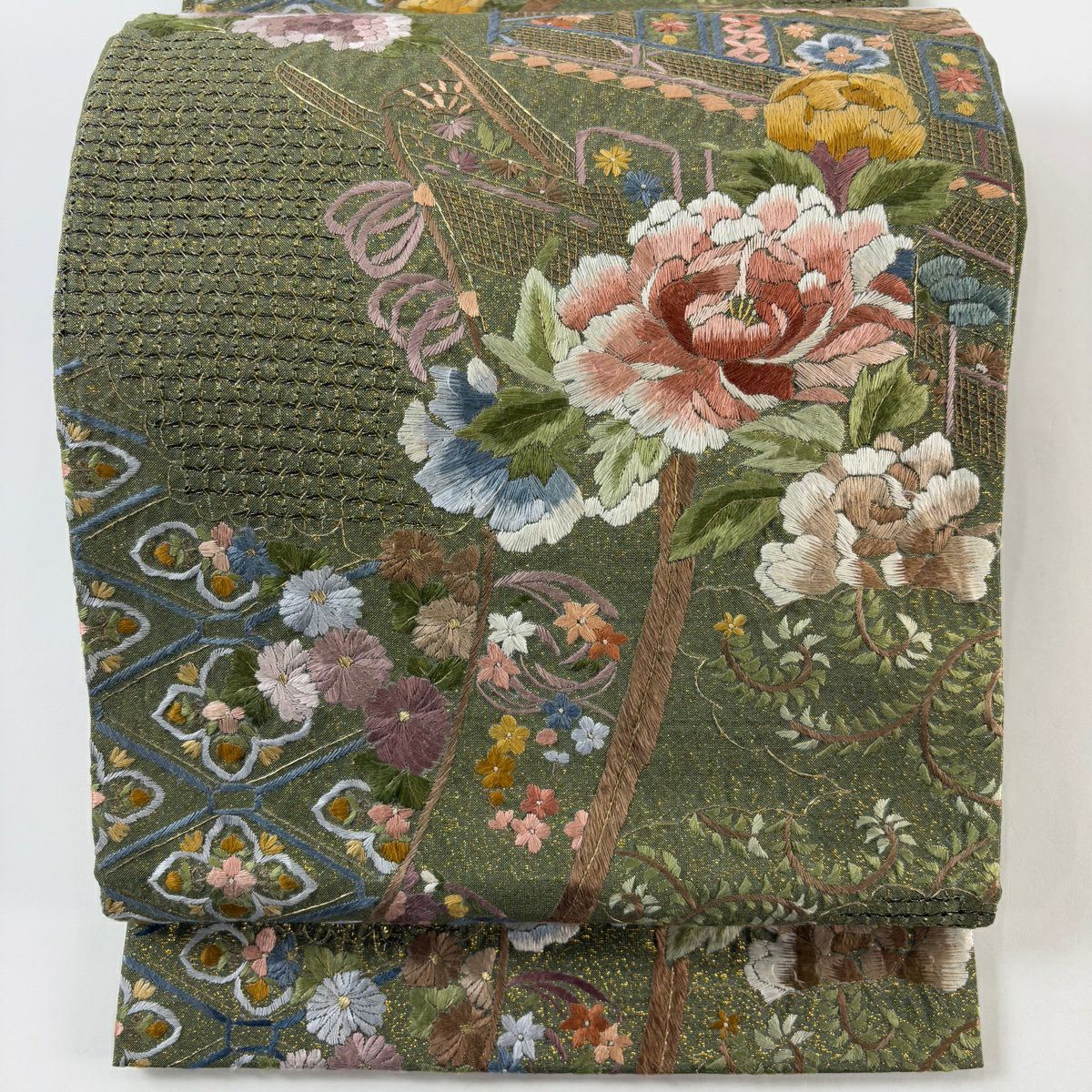 袋帶 逸品級 牡丹 幾帳 刺繡 金絲 鶯 深藍 六通 純蠶絲