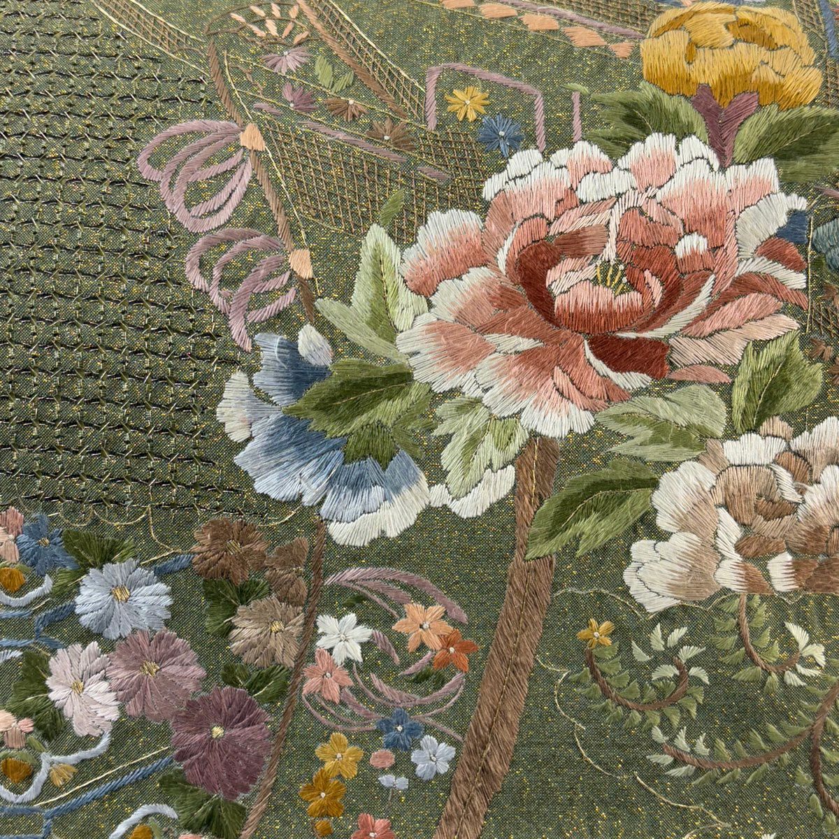 袋帶 逸品級 牡丹 幾帳 刺繡 金絲 鶯 深藍 六通 純蠶絲