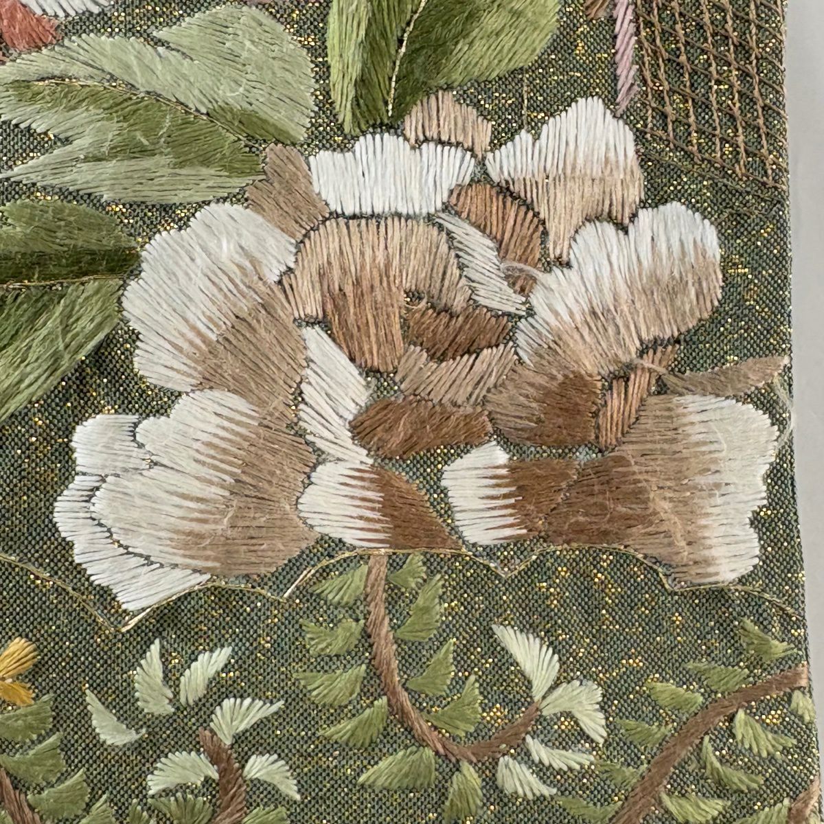 袋帶 逸品級 牡丹 幾帳 刺繡 金絲 鶯 深藍 六通 純蠶絲