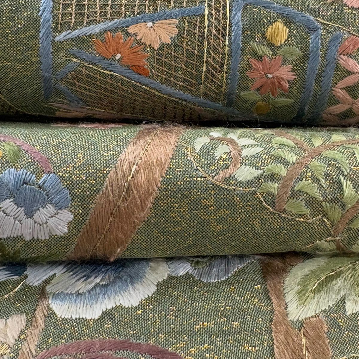 袋帶 逸品級 牡丹 幾帳 刺繡 金絲 鶯 深藍 六通 純蠶絲