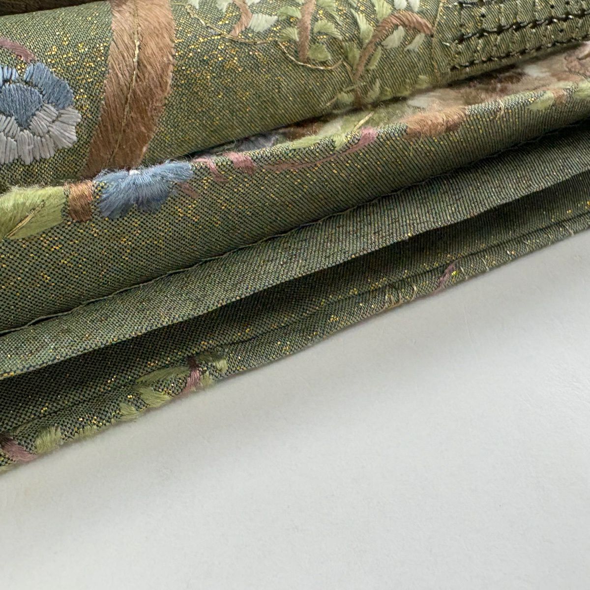 袋帶 逸品級 牡丹 幾帳 刺繡 金絲 鶯 深藍 六通 純蠶絲