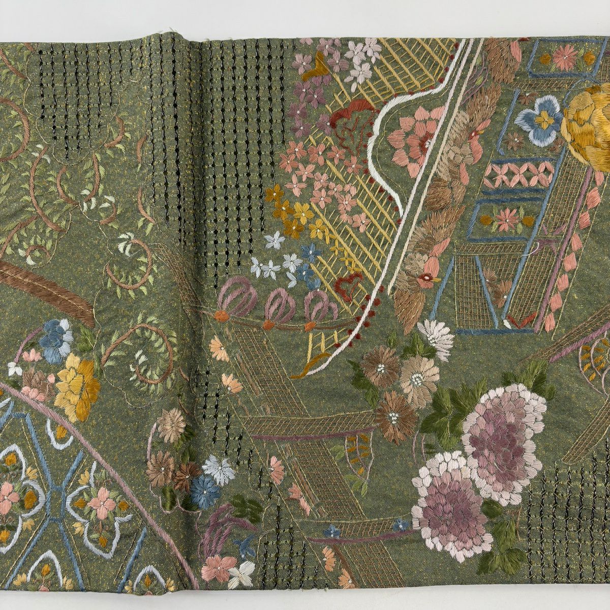 袋帶 逸品級 牡丹 幾帳 刺繡 金絲 鶯 深藍 六通 純蠶絲