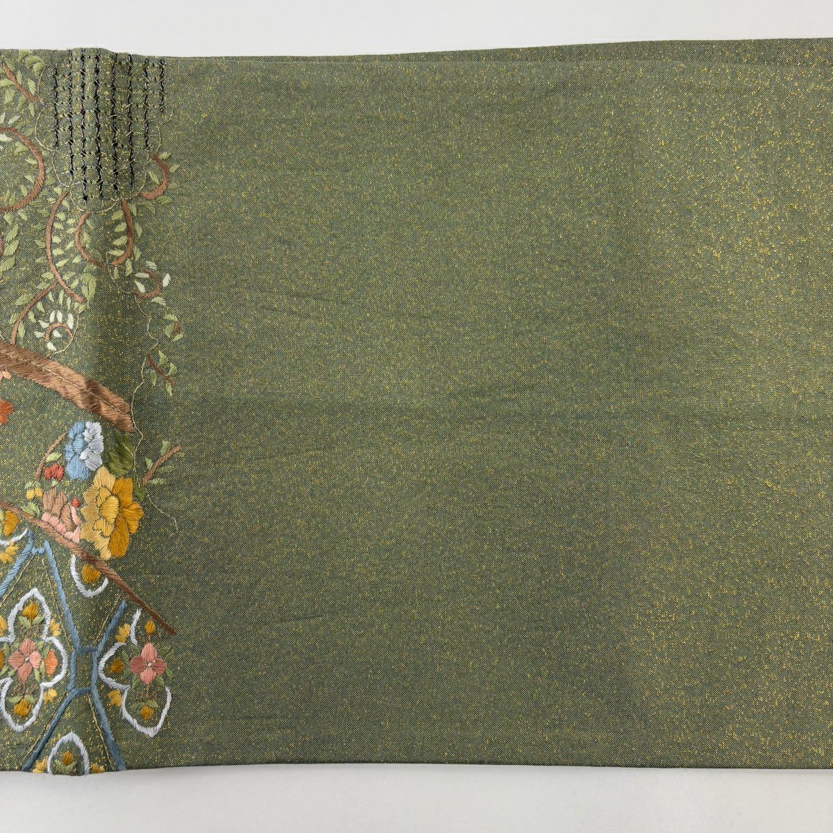 袋帶 逸品級 牡丹 幾帳 刺繡 金絲 鶯 深藍 六通 純蠶絲