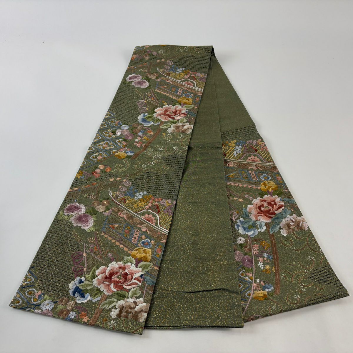 袋帶 逸品級 牡丹 幾帳 刺繡 金絲 鶯 深藍 六通 純蠶絲