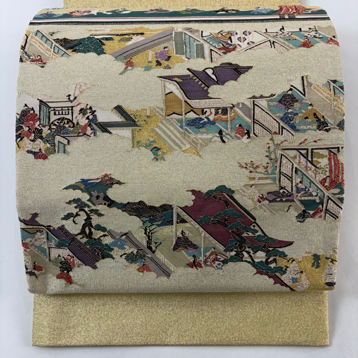 【美品】 袋帶 逸品級 松樹尾光琳 落款 人物 雲文 金絲 金色 大鼓圖案 純蠶絲
