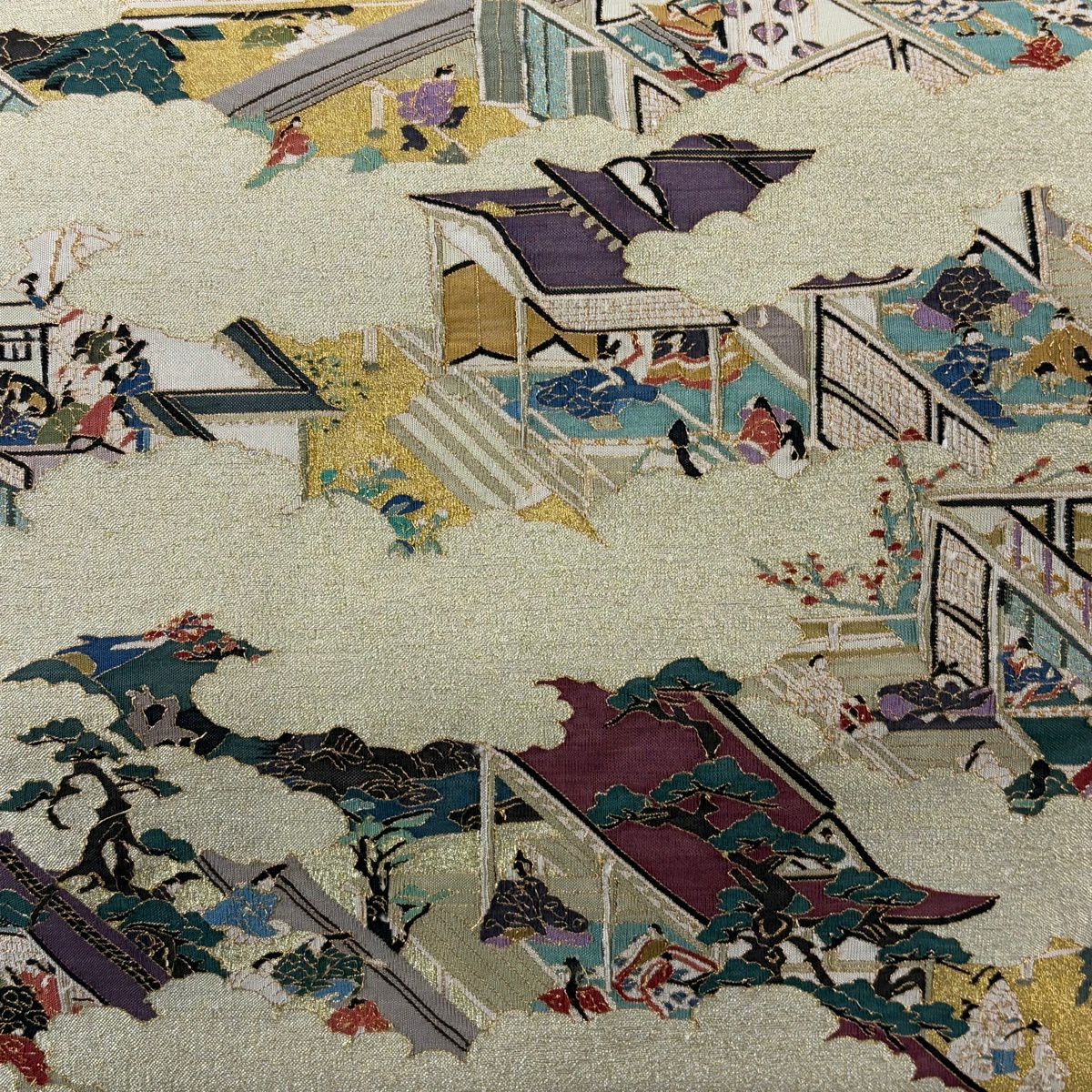 【美品】 袋帶 逸品級 松樹尾光琳 落款 人物 雲文 金絲 金色 大鼓圖案 純蠶絲