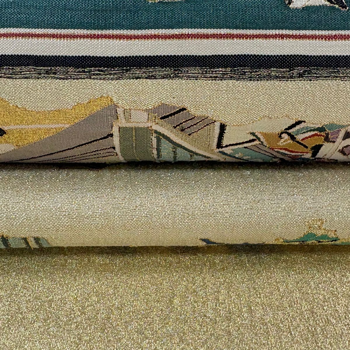 【美品】 袋帶 逸品級 松樹尾光琳 落款 人物 雲文 金絲 金色 大鼓圖案 純蠶絲