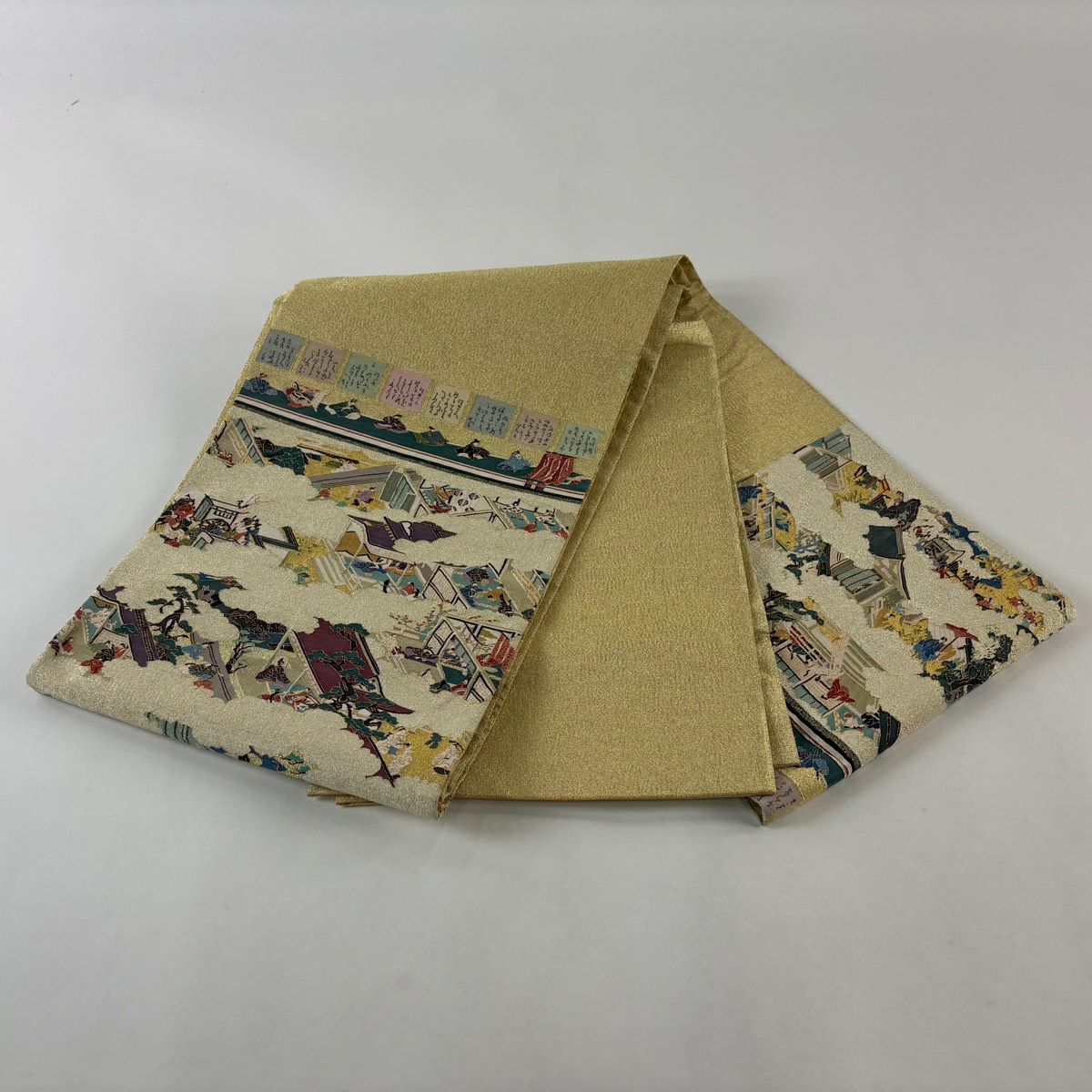 【美品】 袋帶 逸品級 松樹尾光琳 落款 人物 雲文 金絲 金色 大鼓圖案 純蠶絲