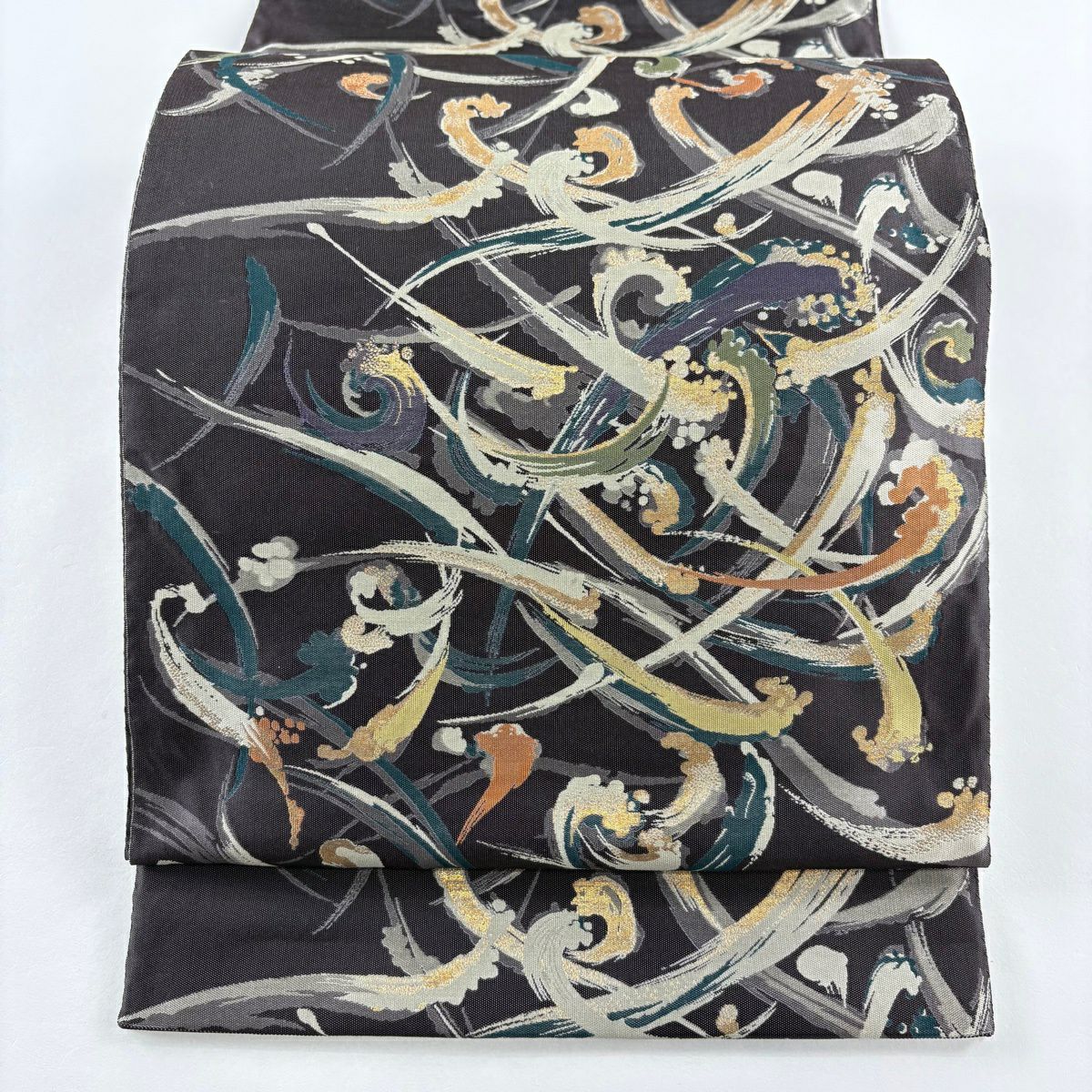 【美品】 袋帶 逸品級 落款あり 誠之輔 紹巴 幾何學 金金箔 茶紫 全通 純蠶絲