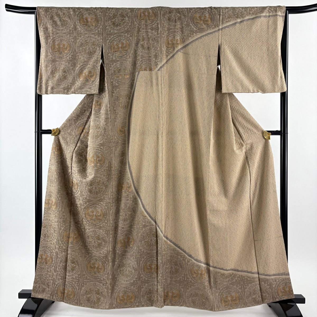 訪問服 身長161.5cm 袖長66cm M 雙層 ますいわ屋 狩獵紋 向鳥 刺繡 金絲 淺茶 純蠶絲 逸品級