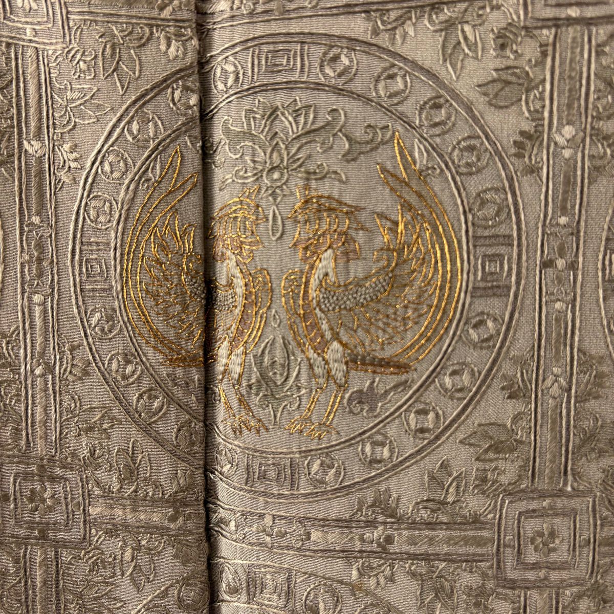 訪問服 身長161.5cm 袖長66cm M 雙層 ますいわ屋 狩獵紋 向鳥 刺繡 金絲 淺茶 純蠶絲 逸品級