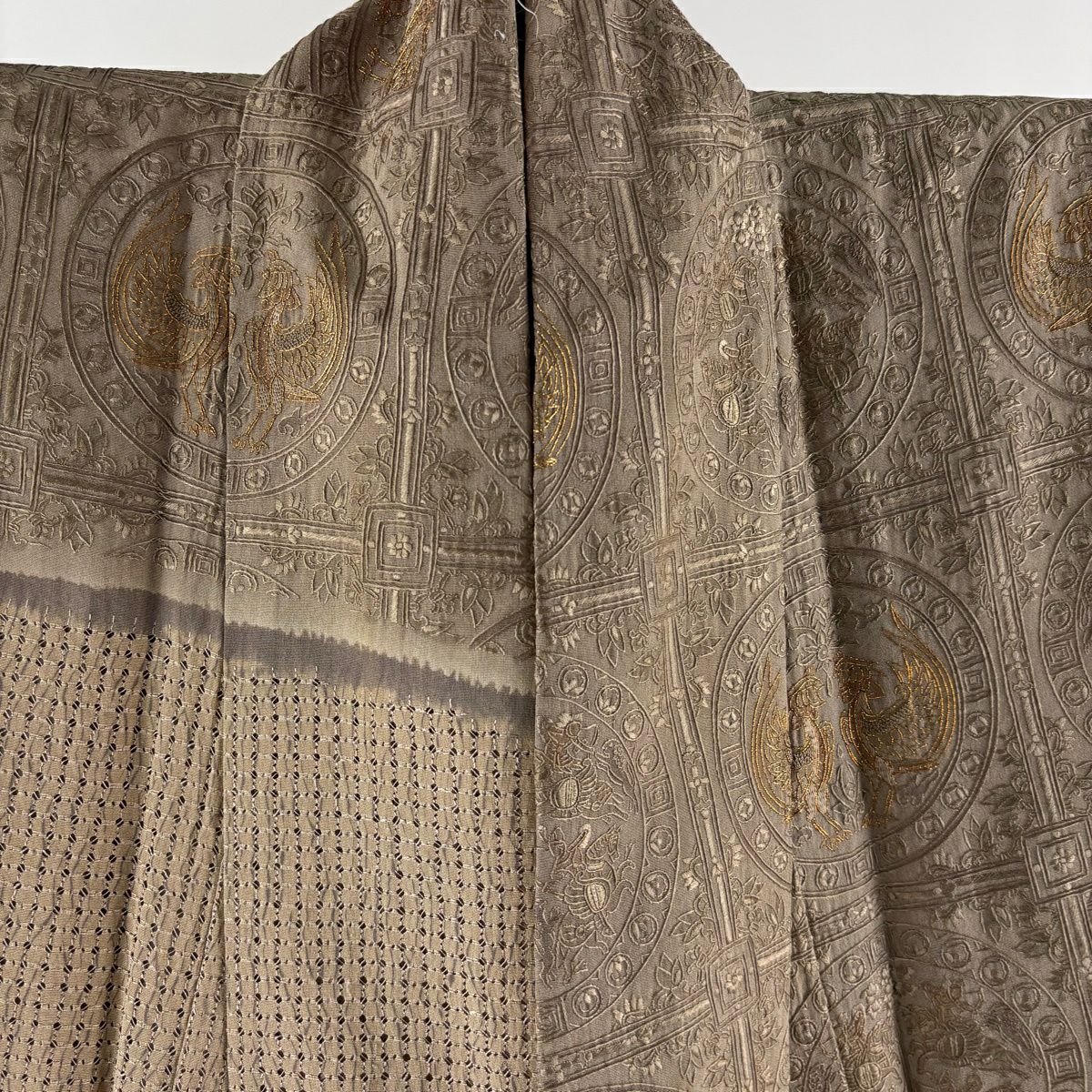 訪問服 身長161.5cm 袖長66cm M 雙層 ますいわ屋 狩獵紋 向鳥 刺繡 金絲 淺茶 純蠶絲 逸品級