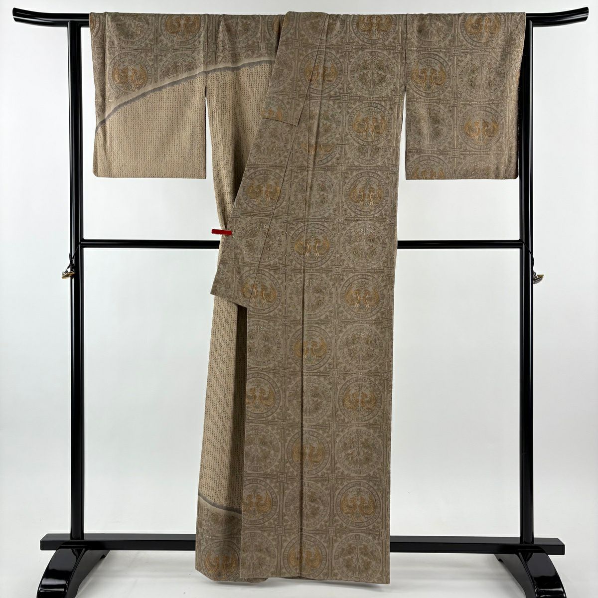 訪問服 身長161.5cm 袖長66cm M 雙層 ますいわ屋 狩獵紋 向鳥 刺繡 金絲 淺茶 純蠶絲 逸品級