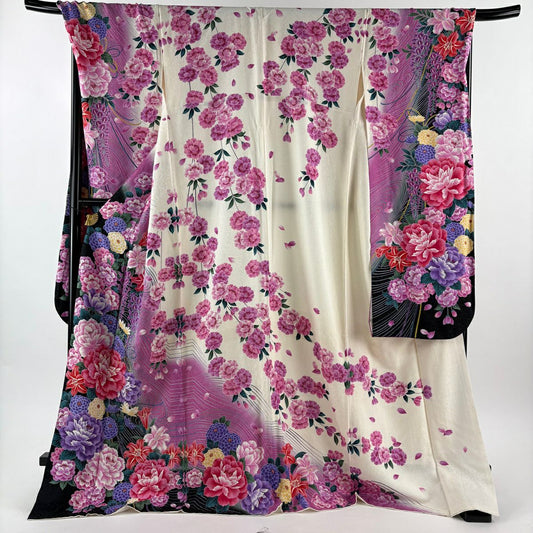 【美品】振袖禮服 身長175cm 袖長72cm L 雙層 牡丹 菊花 金銀彩 水晶 乳白色 純蠶絲 逸品級