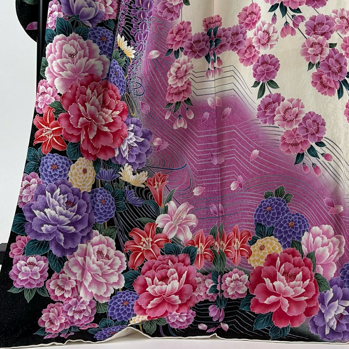 【美品】振袖禮服 身長175cm 袖長72cm L 雙層 牡丹 菊花 金銀彩 水晶 乳白色 純蠶絲 逸品級