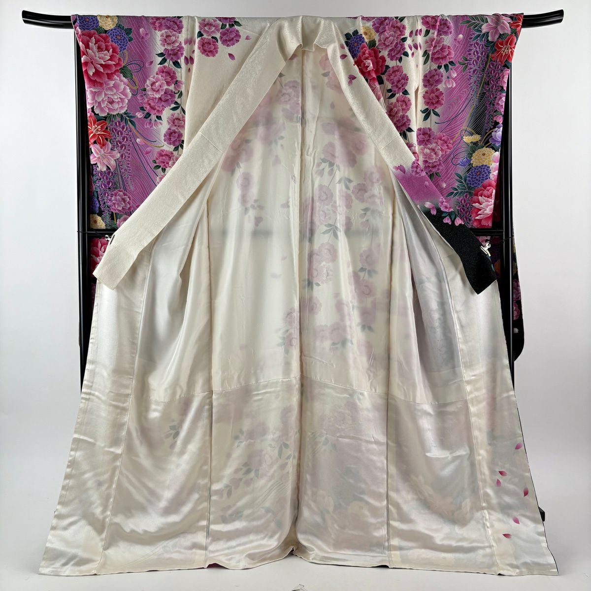 【美品】振袖禮服 身長175cm 袖長72cm L 雙層 牡丹 菊花 金銀彩 水晶 乳白色 純蠶絲 逸品級
