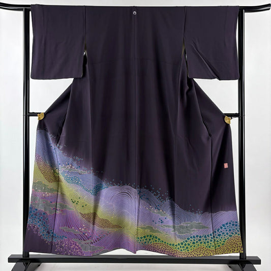 色留袖禮服 身長153cm 袖長65cm M 雙層 滝泰 落款あり 波 花瓣 刺繡 絞染 深紫 純蠶絲 逸品級 一つ紋