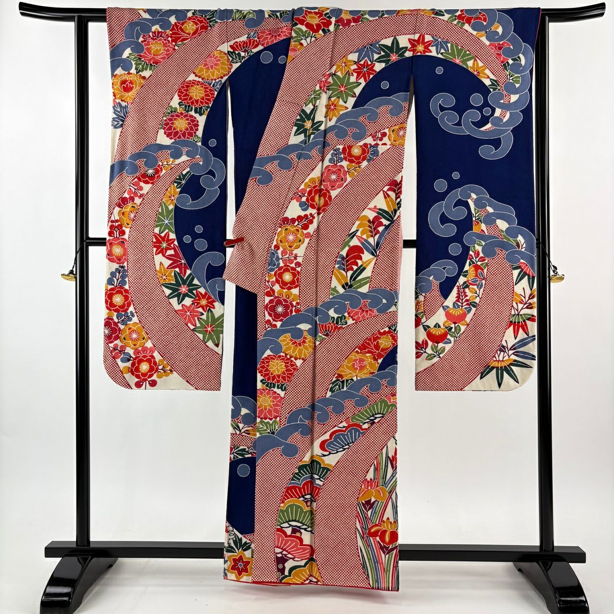 振袖禮服 身長160.5cm 袖長66cm M 雙層 栗山吉三郎 落款 草花紋紋 波頭 染分 縮緬 茜 純蠶絲 逸品級