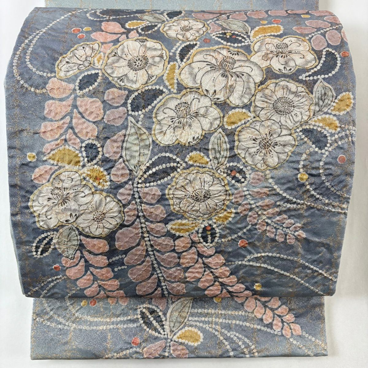 【美品】 袋帶 名品級 辻花染 金金箔 銀線 青灰 深藍色 正蠶絲
