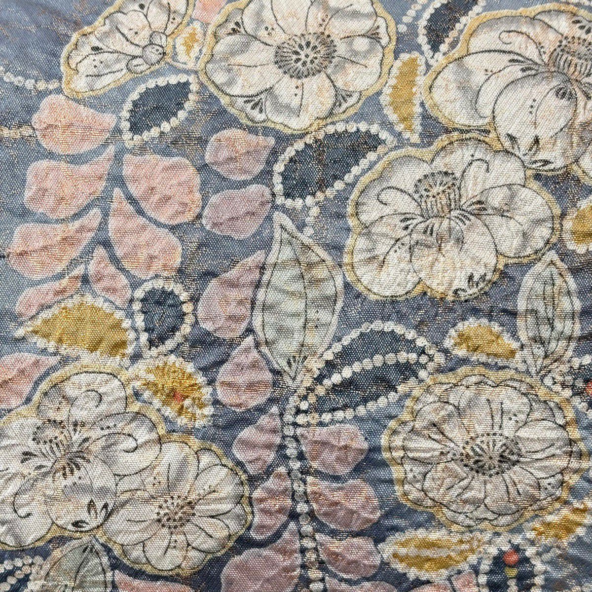 【美品】 袋帶 名品級 辻花染 金金箔 銀線 青灰 深藍色 正蠶絲