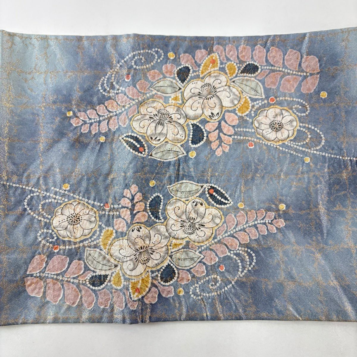 【美品】 袋帶 名品級 辻花染 金金箔 銀線 青灰 深藍色 正蠶絲