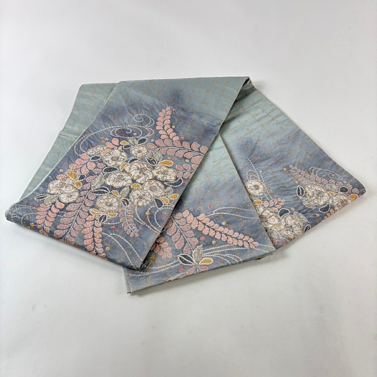 【美品】 袋帶 名品級 辻花染 金金箔 銀線 青灰 深藍色 正蠶絲