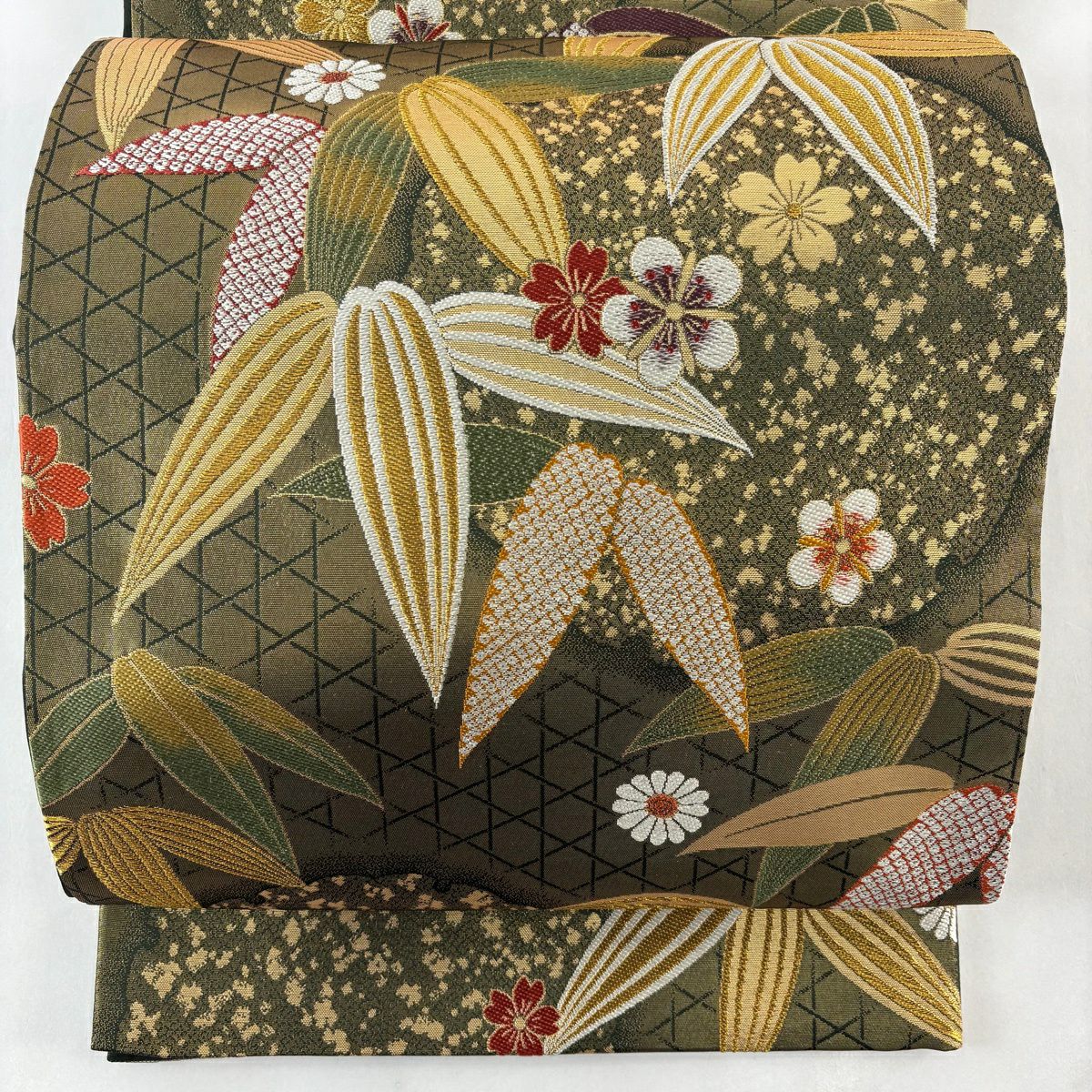 【美品】 袋帶 名品級 笹 雪輪 金金箔 金絲 茶綠 六通 純蠶絲