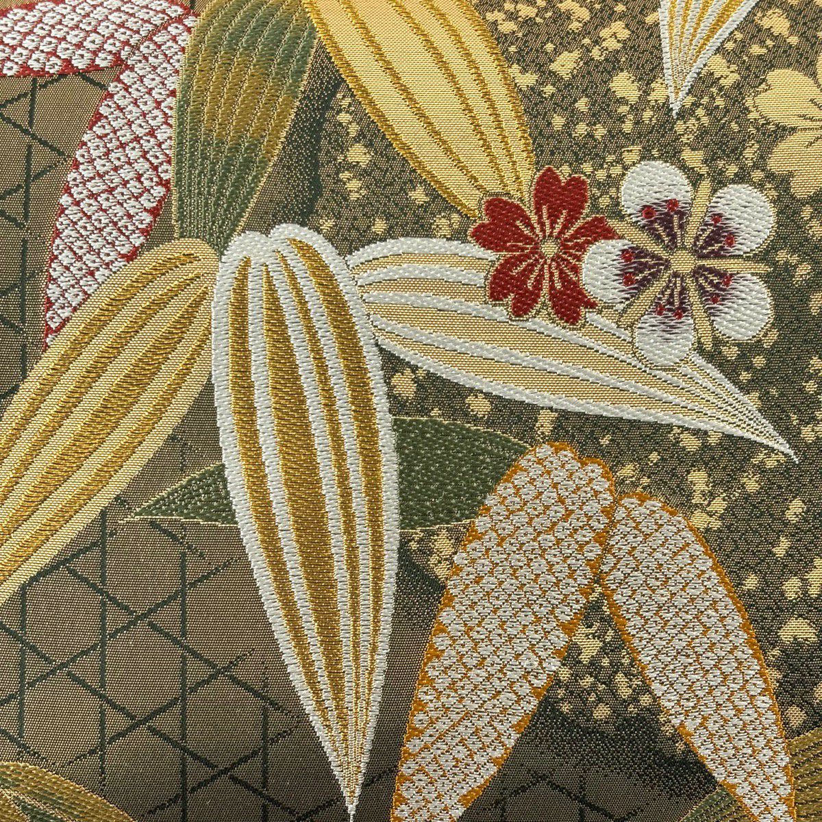 【美品】 袋帶 名品級 笹 雪輪 金金箔 金絲 茶綠 六通 純蠶絲
