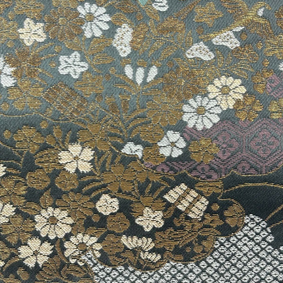 【美品】 袋帶 名品級 草花紋紋 雲文 金銀彩 銀通 灰綠 六通 純蠶絲
