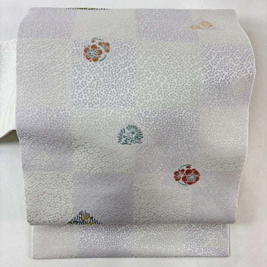 【美品】名古屋帶 名品級 小花散布 梅花 市松樹 灰綠 純蠶絲