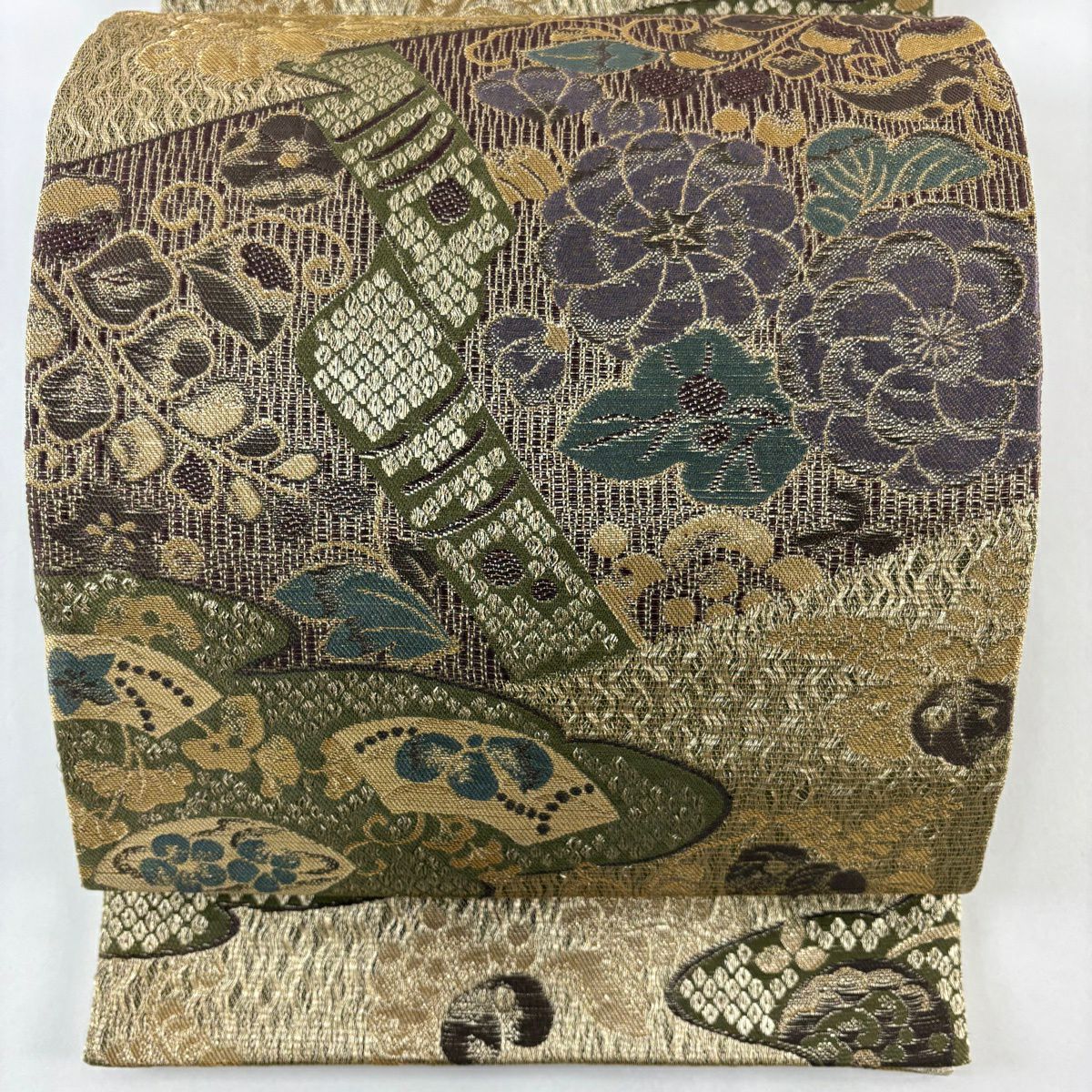 【美品】 袋帶 名品級 草花紋紋 扇子面 金糸 金茶 六通 純蠶絲