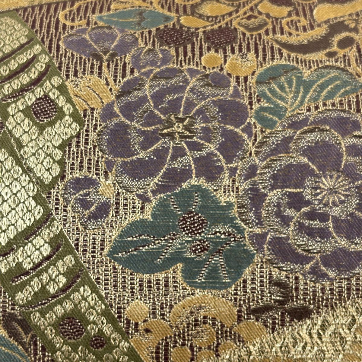 【美品】 袋帶 名品級 草花紋紋 扇子面 金糸 金茶 六通 純蠶絲